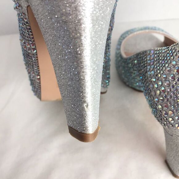 Silver Jeweled Chunky Heels Size 6.5 Wedding Bridal Bling De Blossom Fay 3 - Picture 7 of 8
